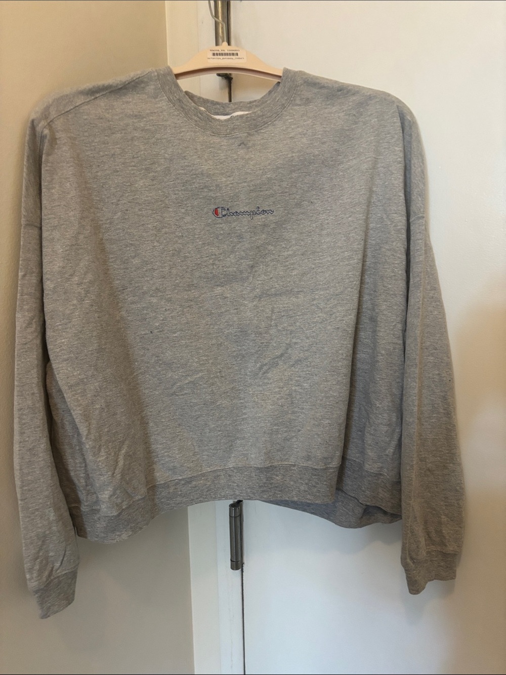 Champion Light Gray Crewneck Sweatshirt with Embroidered Logo